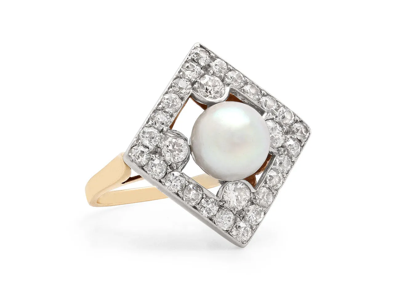 Antique Edwardian Natural Pearl and Diamond Ring in 14K Gold and Platinum