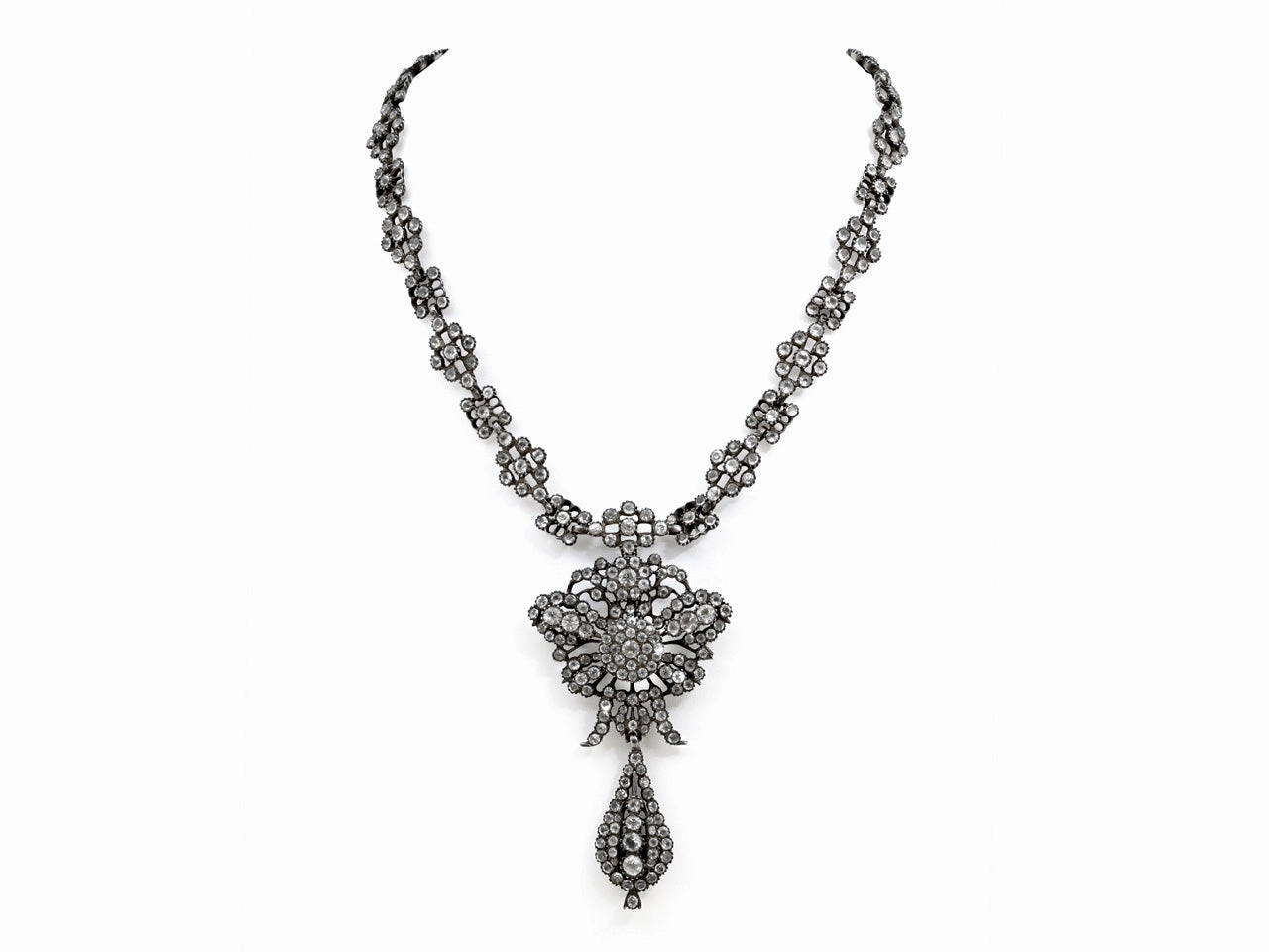 Antique 18th Century Portuguese Black Dot Paste Stone Pendeloque Necklace in Silver