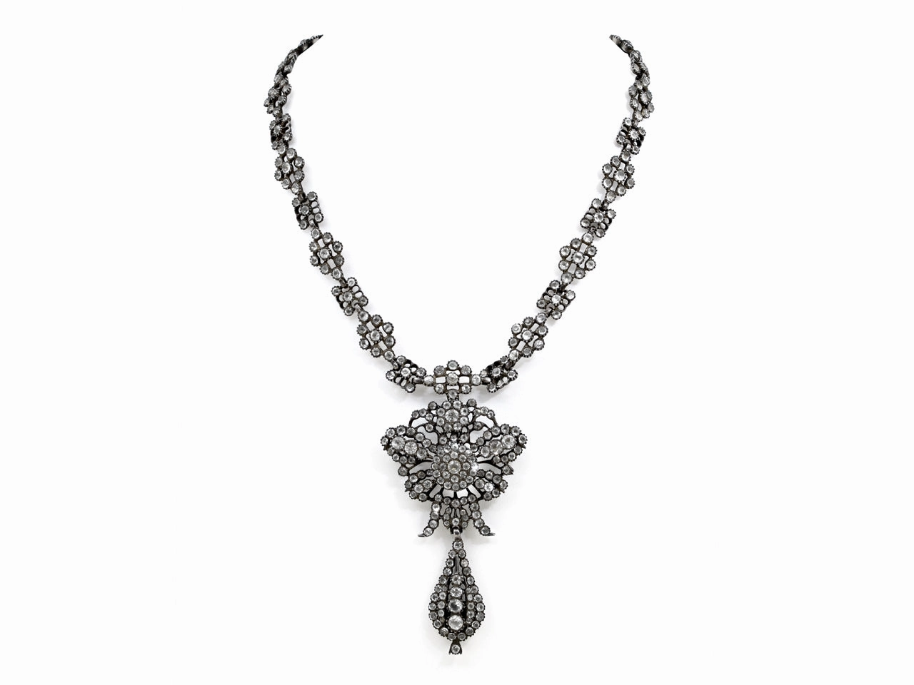 Antique 18th Century Portuguese Black Dot Paste Stone Pendeloque Necklace in Silver