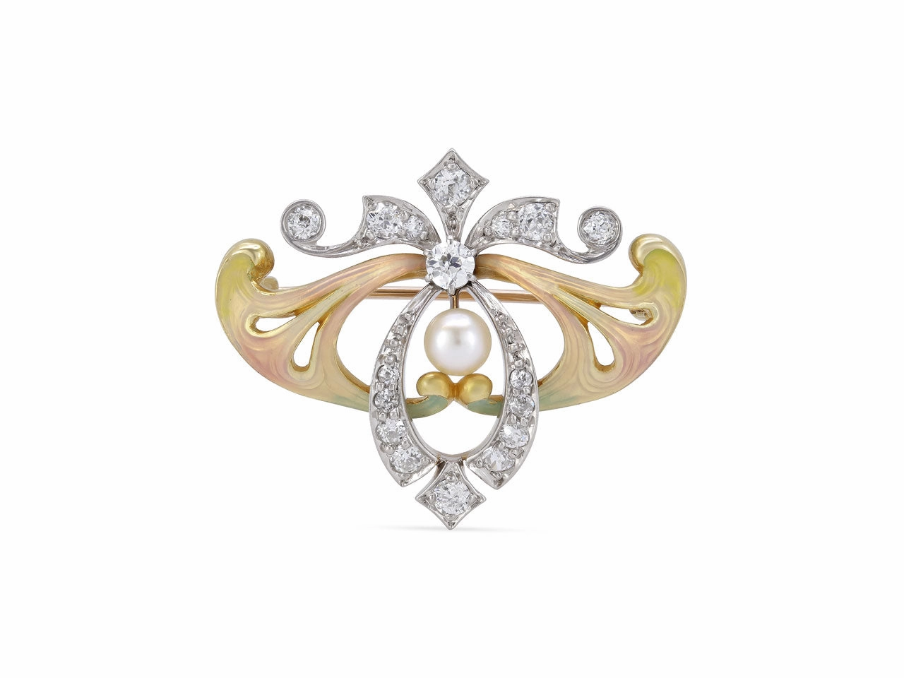 Antique Art Nouveau Enamel, Diamond and Natural Pearl Brooch/Pendant in 14K