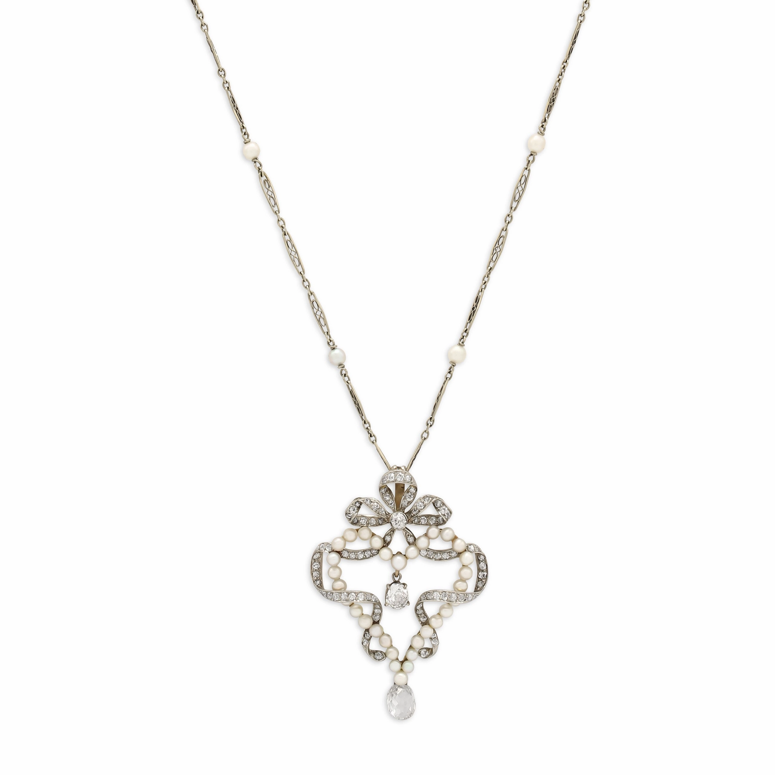 Antique Belle poque Diamond and Pearl Pendant in Platinum over Gold