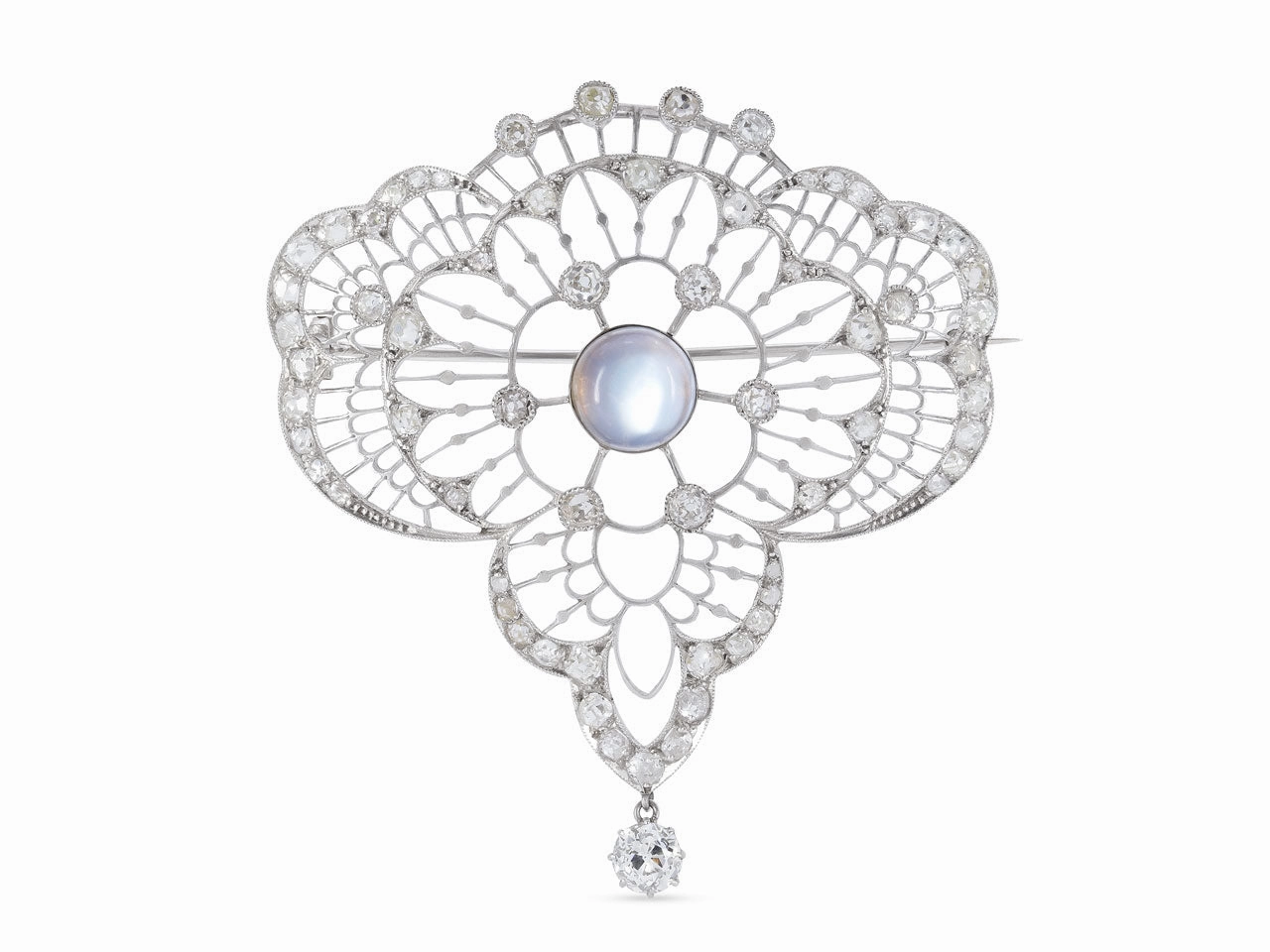 Antique Edwardian Moonstone and Diamond Brooch in Platinum