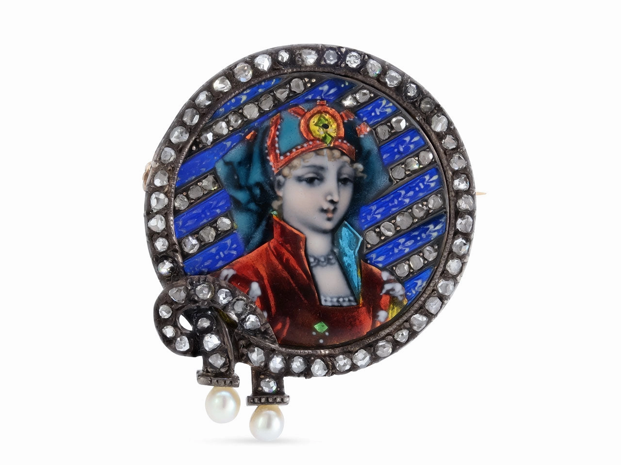 Antique Victorian Diamond and Limoges Enamel Portrait Brooch