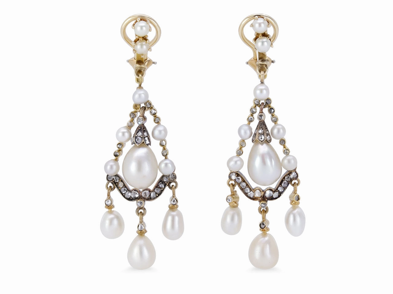 Antique Victorian Natural Pearl, Cultured Pearl and Diamond Earrings in Silver and Gold
