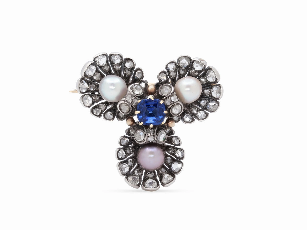 Antique Victorian Sapphire, Diamond and Pearl Brooch in Silver over Gold