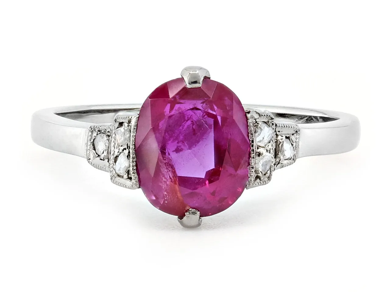 Art Deco Burma Unheated Ruby, 1.63 carat, and Diamond Ring in Platinum