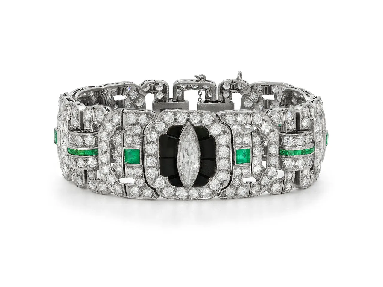 Art Deco Emerald, Diamond and Onyx Bracelet in Platinum