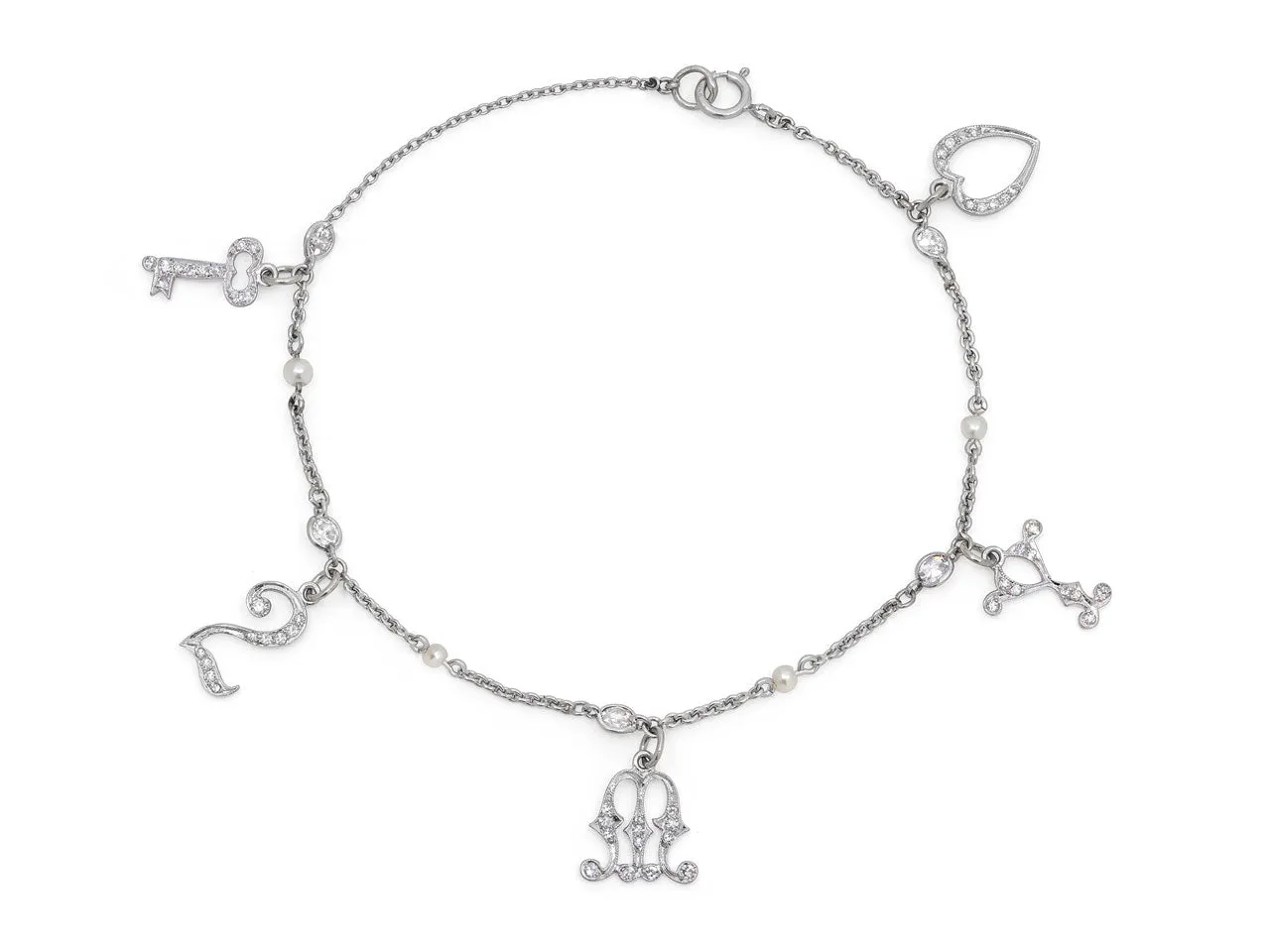 Art Deco 'Key to My Heart' Charm Bracelet, in Platinum