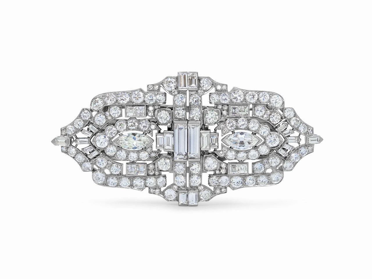 Art Deco Diamond Double Clip Brooch in Platinum