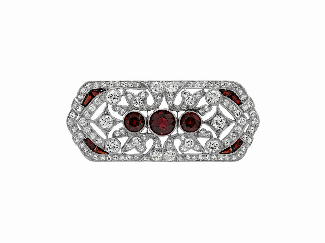 Art Deco Garnet and Diamond Brooch in Platinum