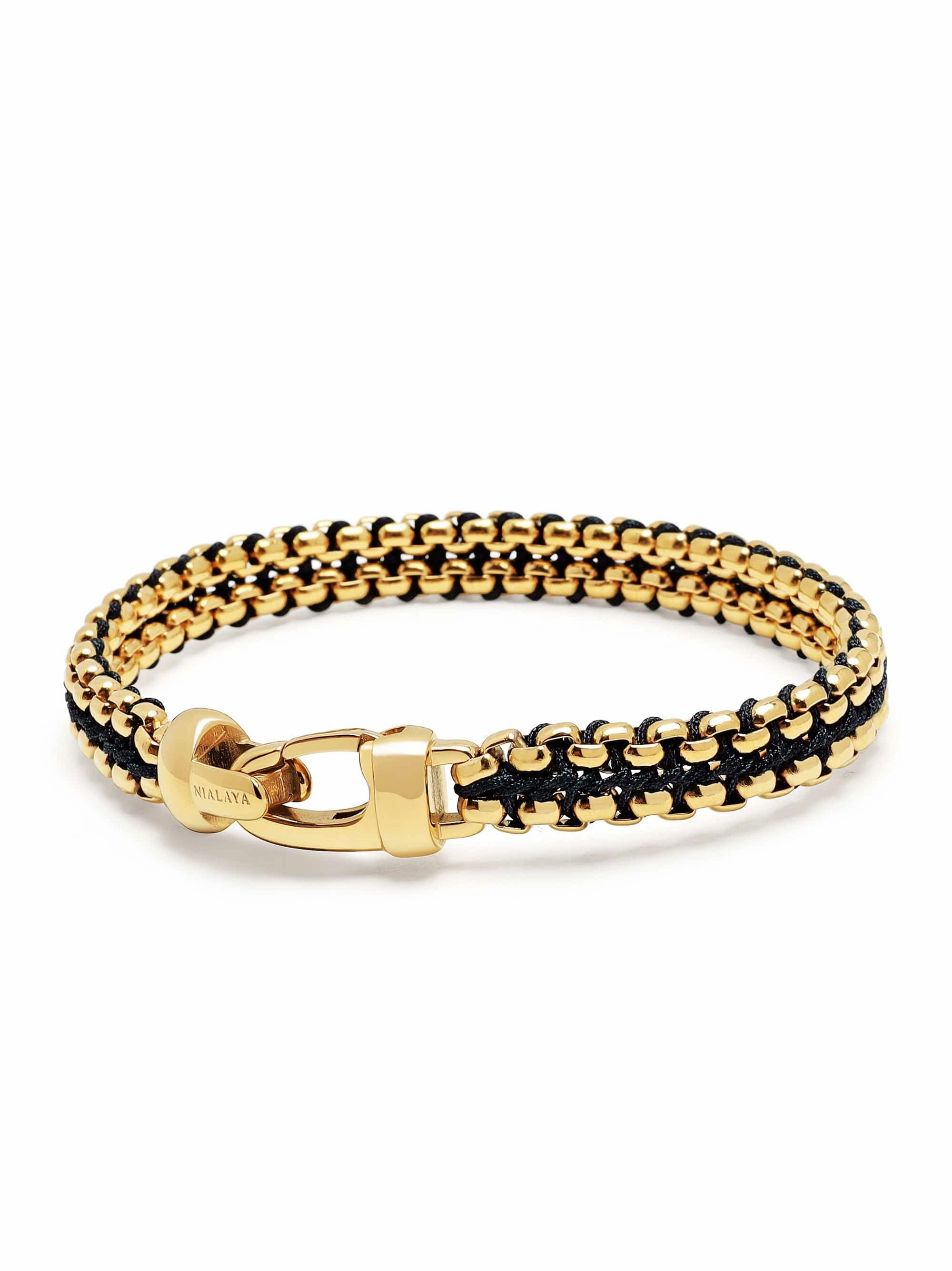 Black Woven Box Chain Bracelet in Gold