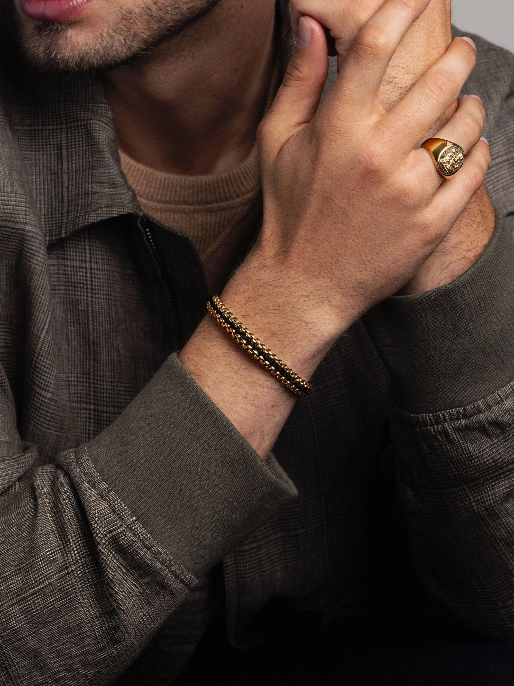 Black Woven Box Chain Bracelet in Gold