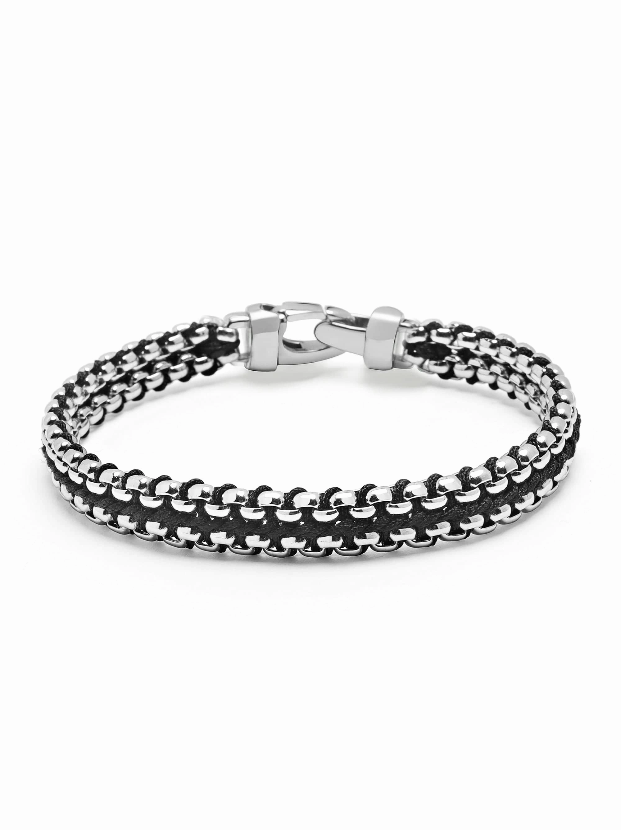 Black Woven Box Chain Bracelet in Silver