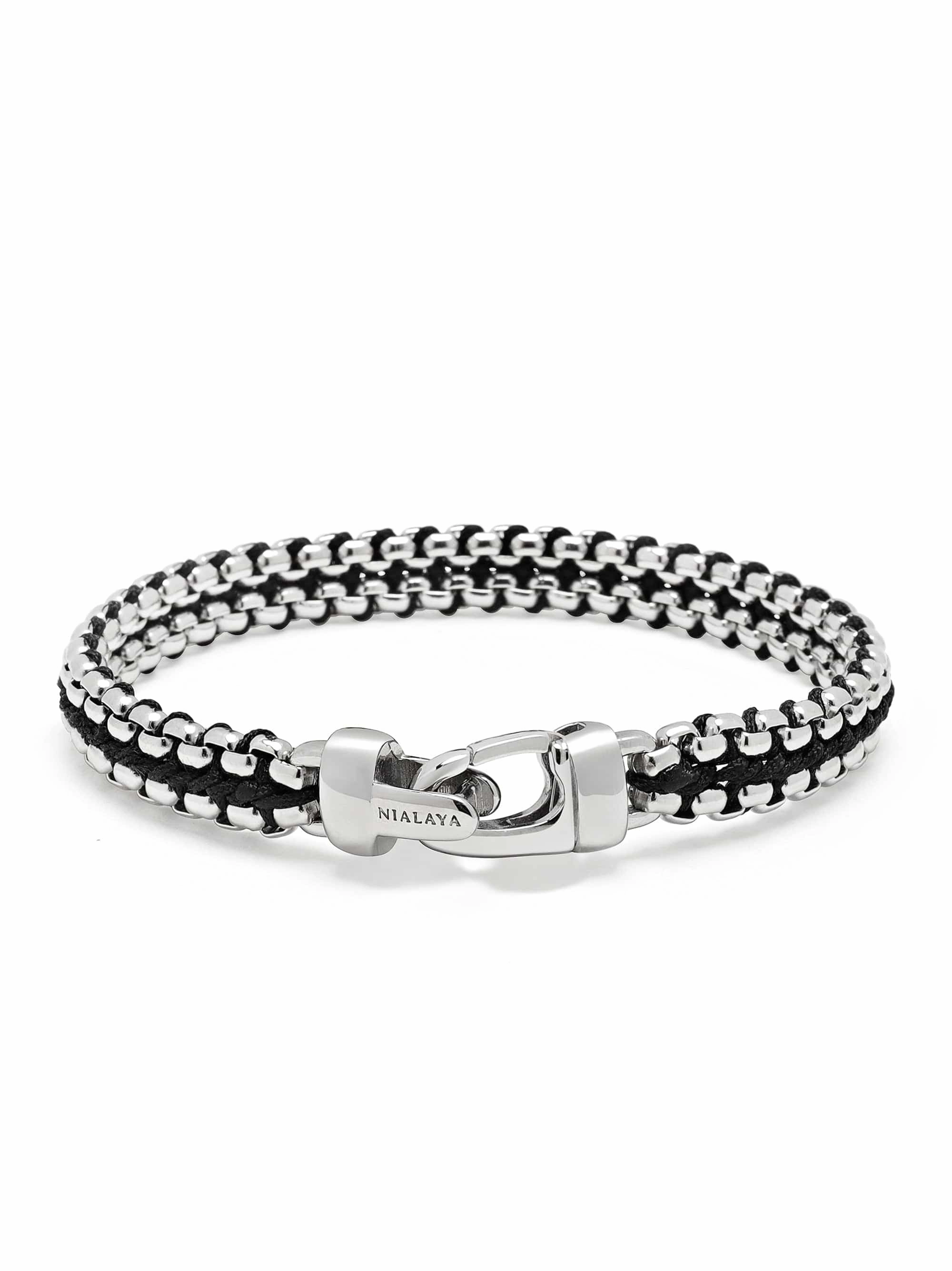 Black Woven Box Chain Bracelet in Silver