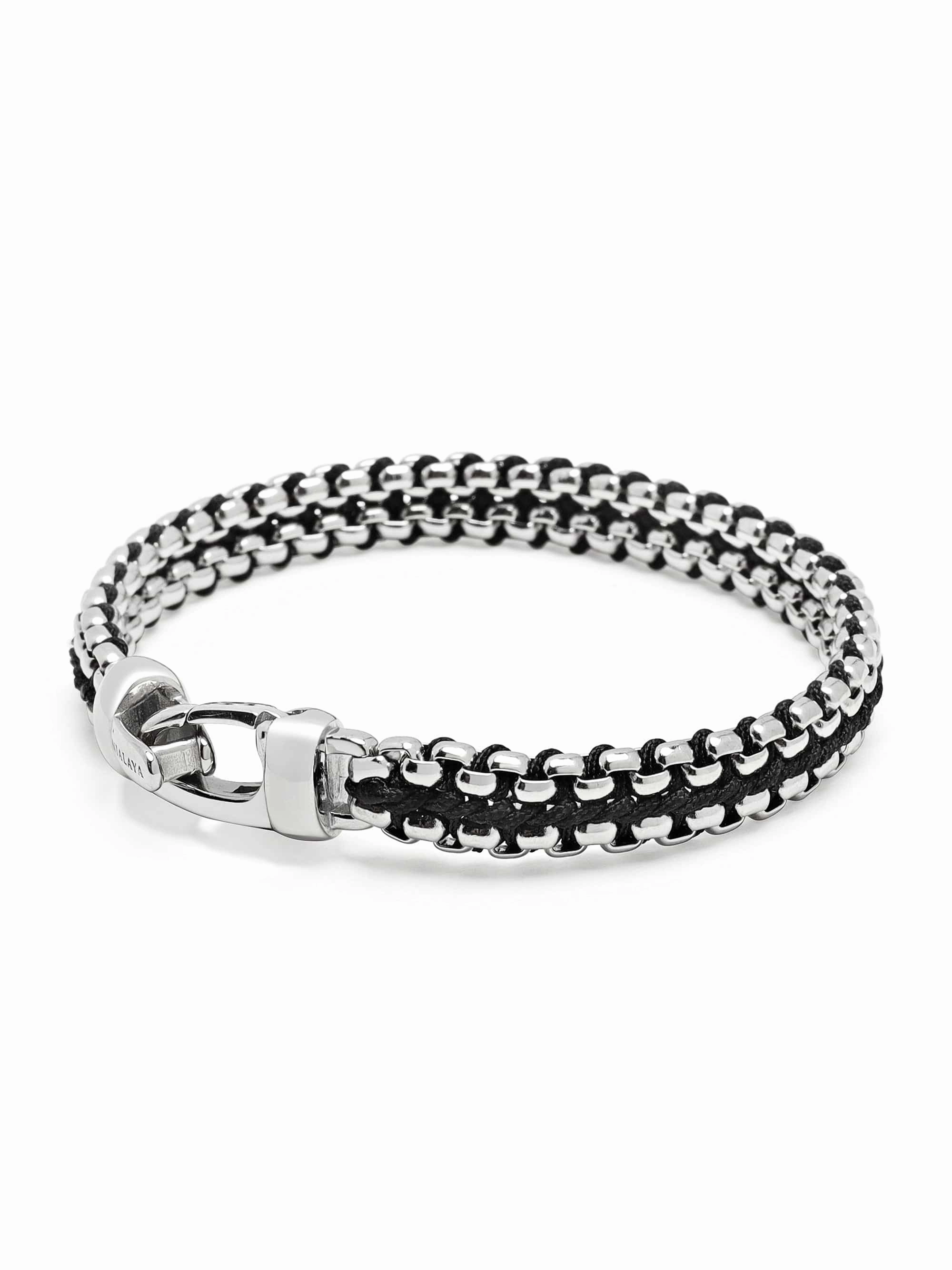 Black Woven Box Chain Bracelet in Silver
