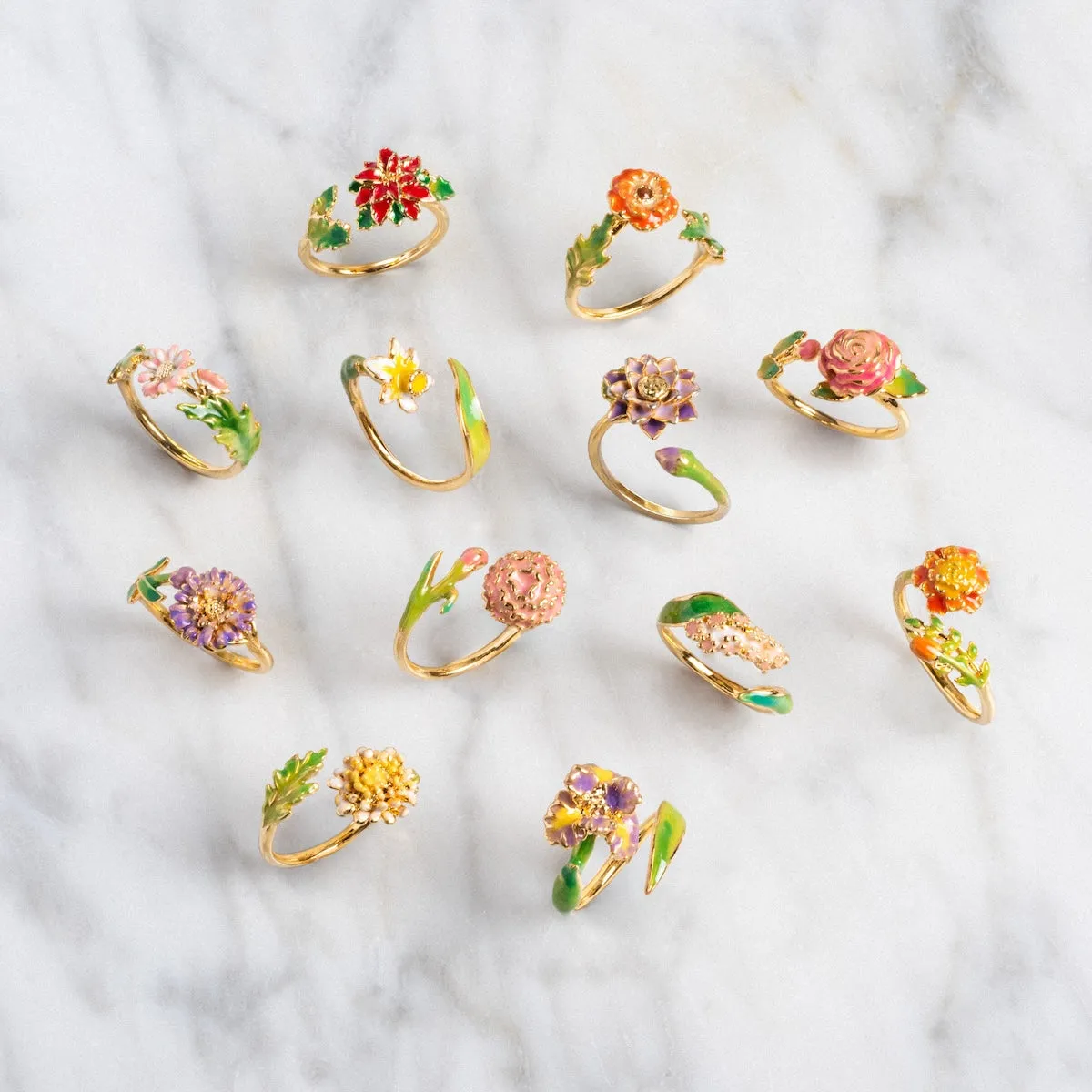 Blooming Color Adjustable Enamel Birth Flower Ring