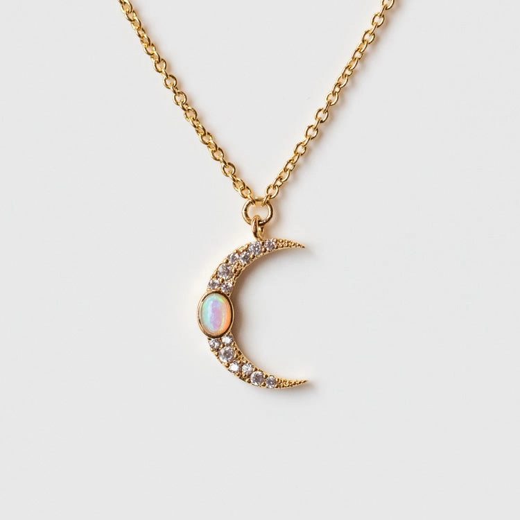 Crescent Moon Necklace with Opal and CZ