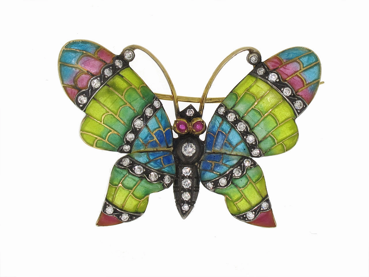 Diamond Plique--jour Butterfly Brooch in 18K