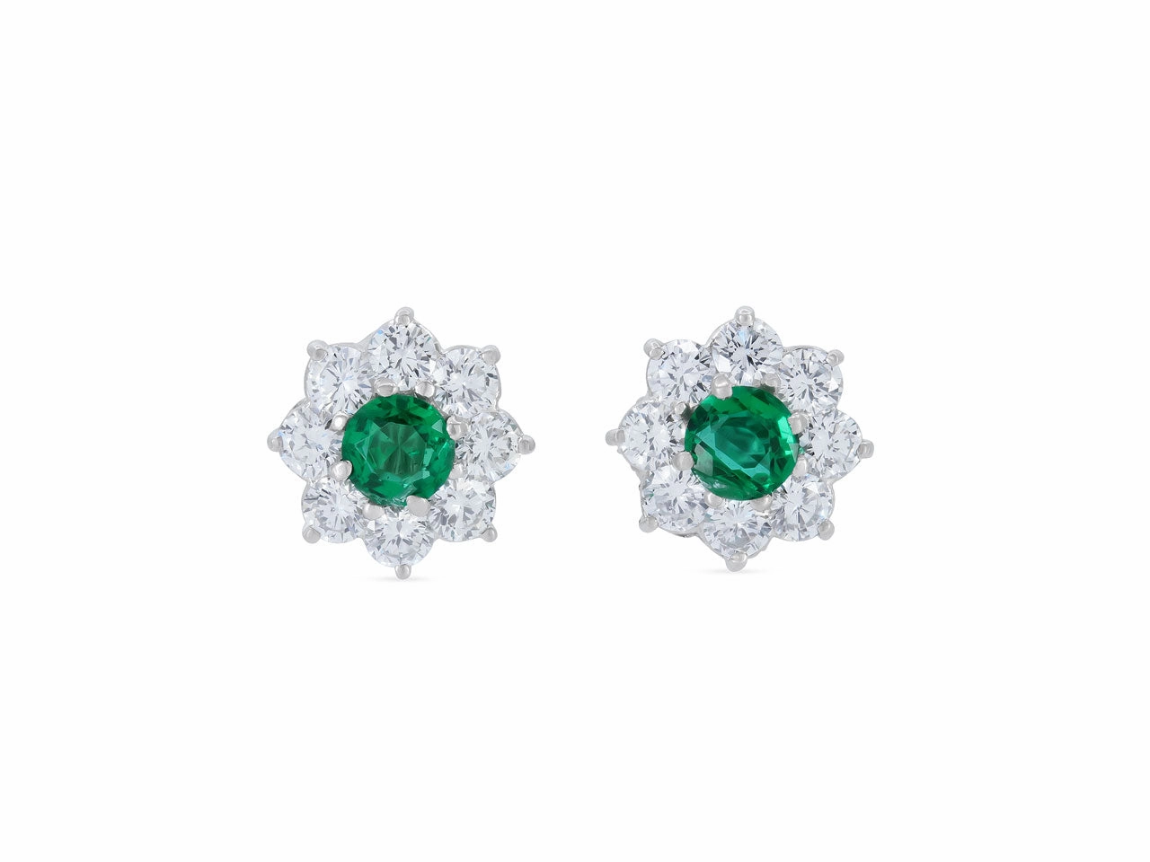 Emerald and Diamond Cluster Earrings in Platinum