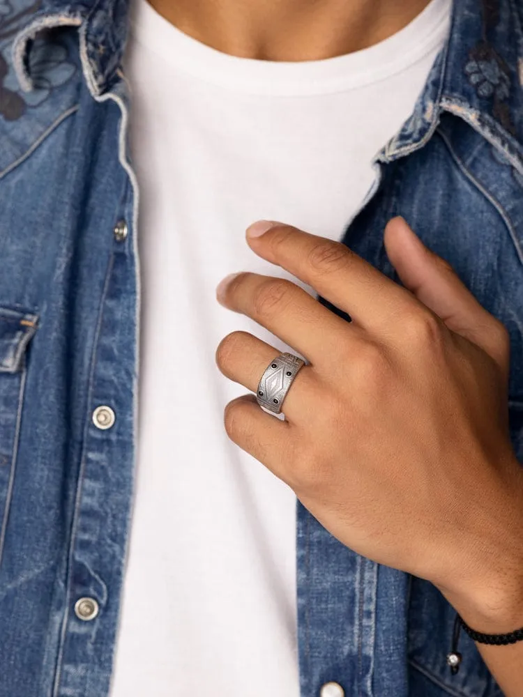 Engraved Vintage Silver Ring with Matte Onyx