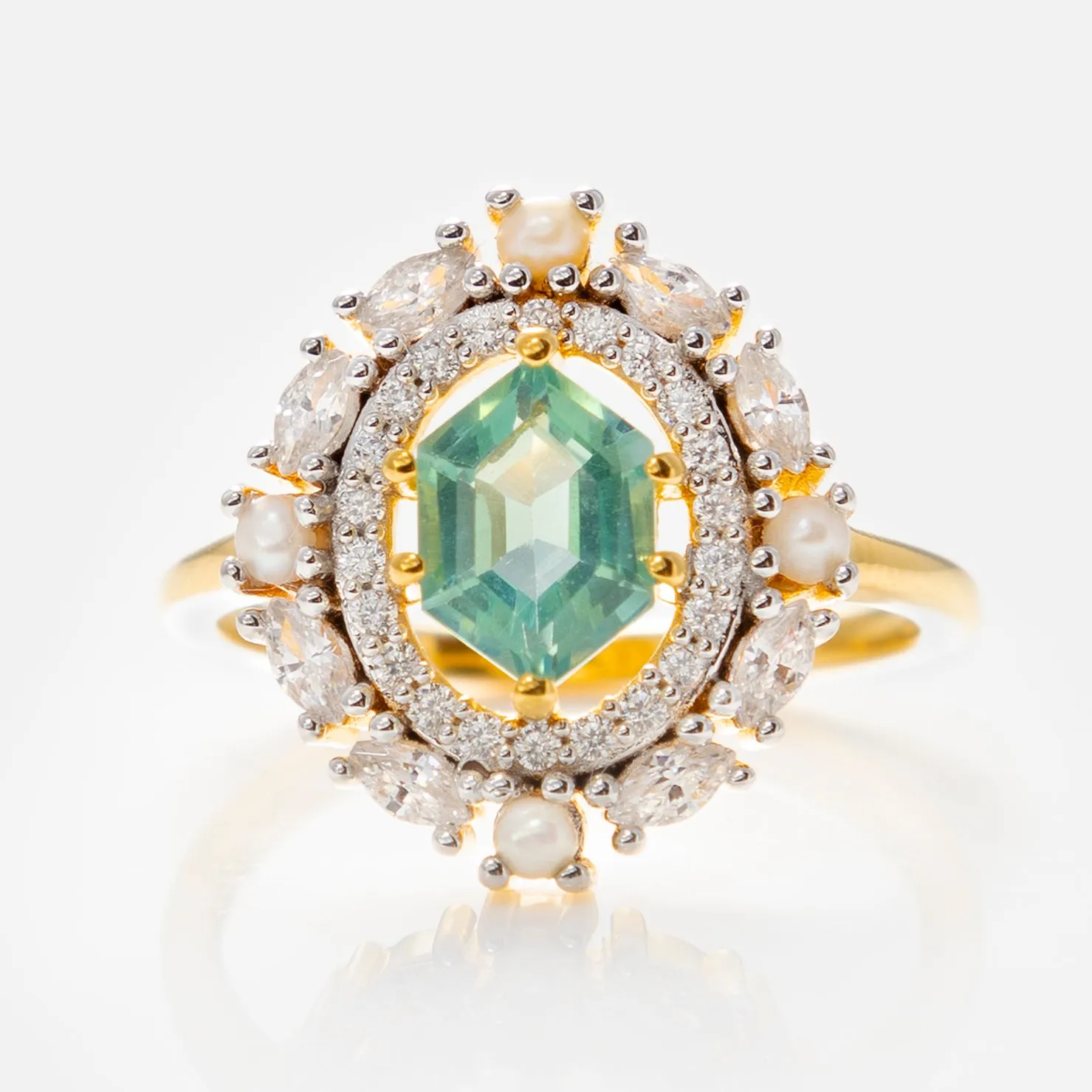 Fern Green Topaz Statement Ring with Pearl Halo