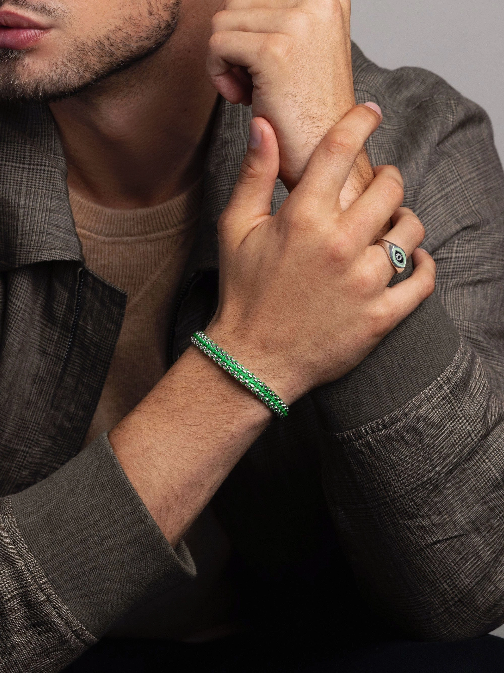 Green Woven Box Chain Bracelet in Silver