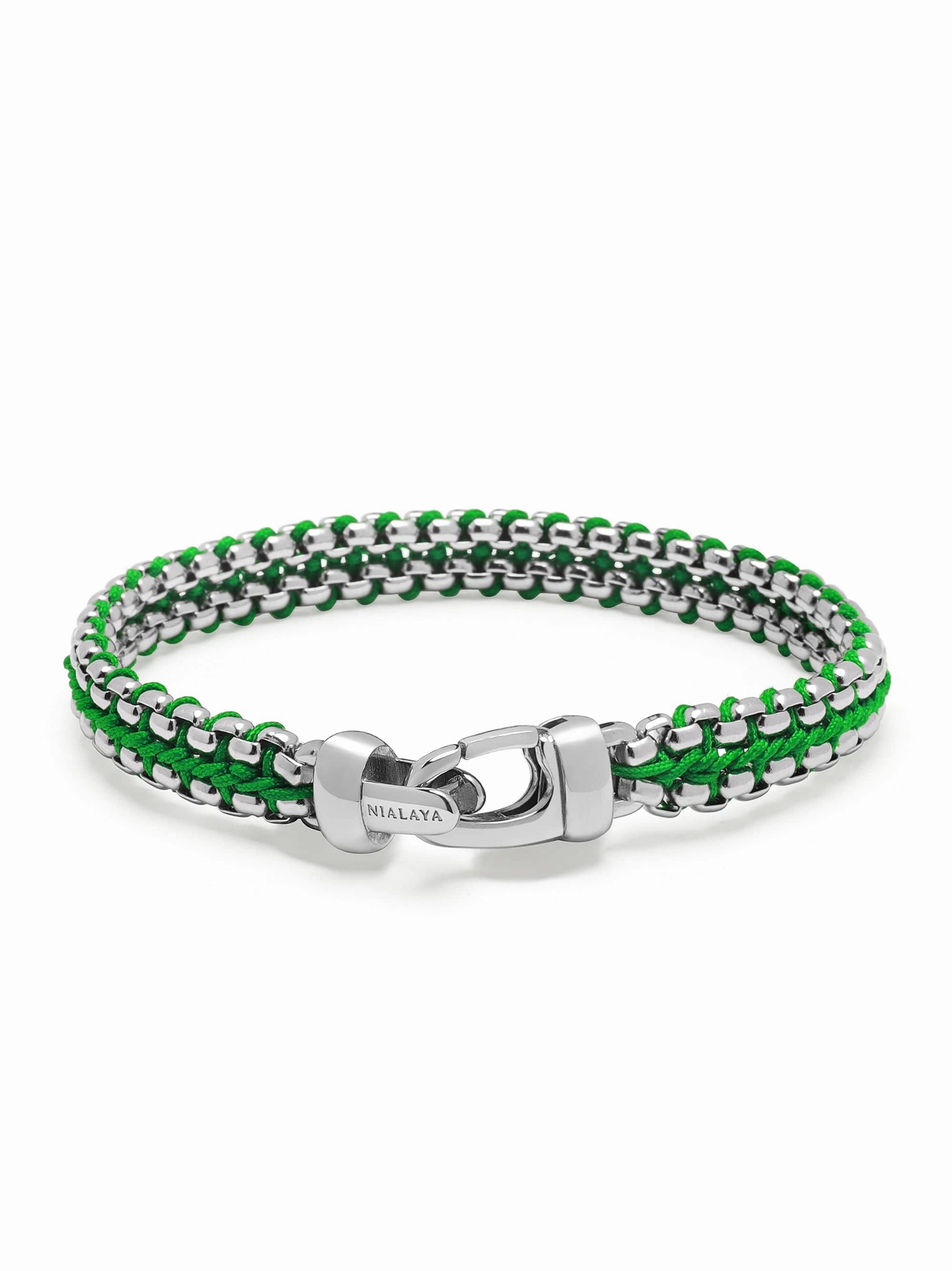Green Woven Box Chain Bracelet in Silver