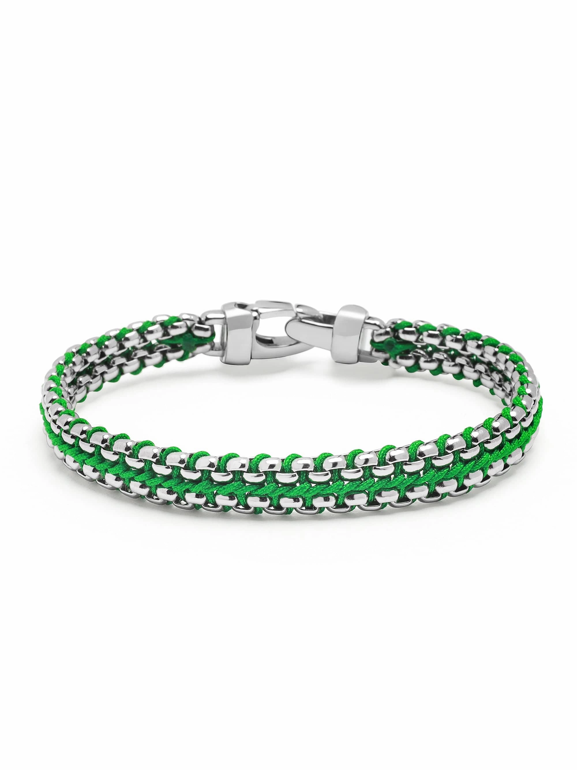 Green Woven Box Chain Bracelet in Silver