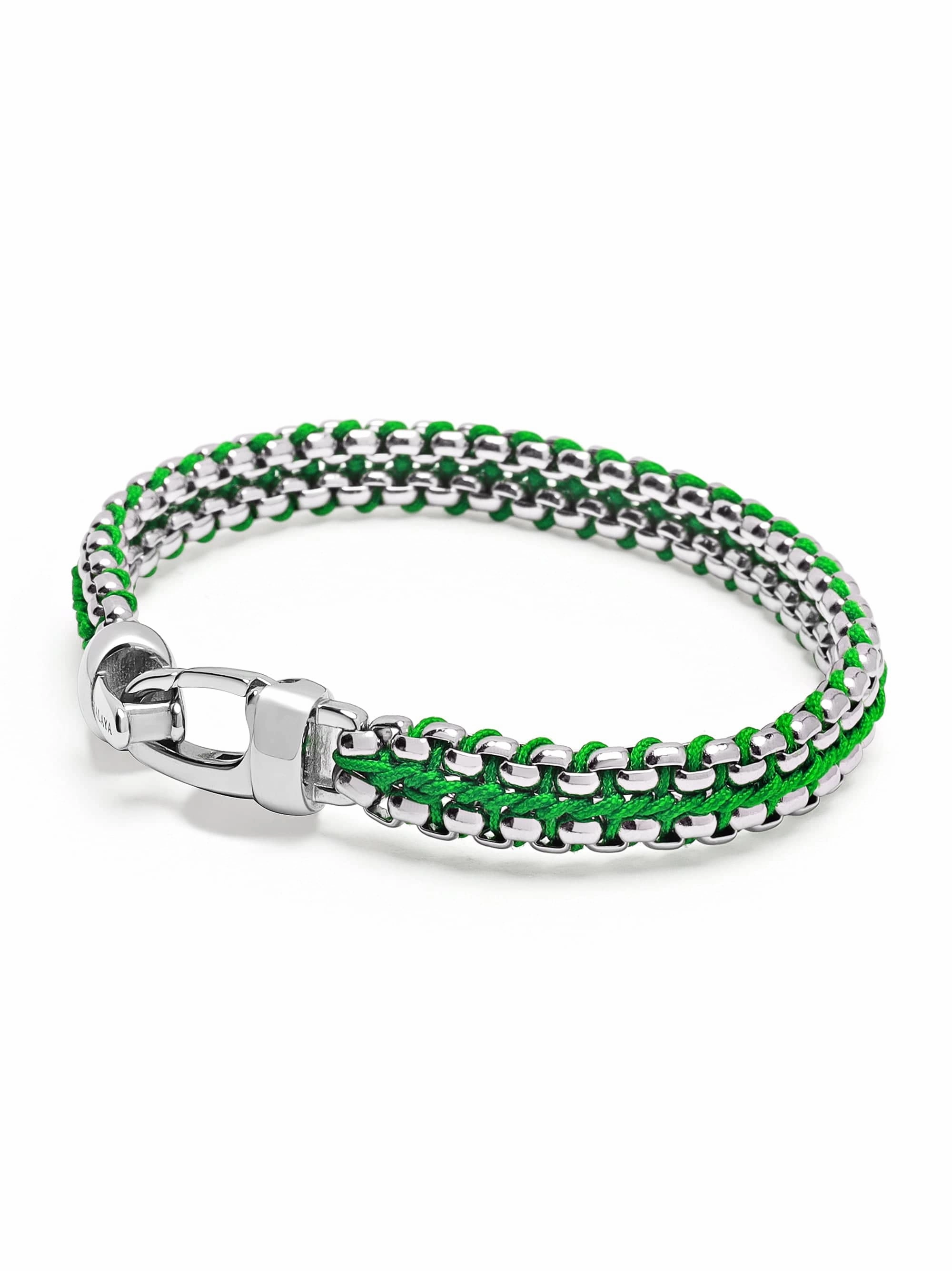 Green Woven Box Chain Bracelet in Silver