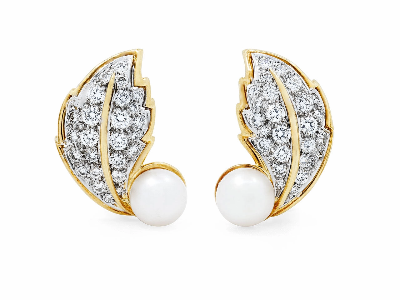 Hammerman Brothers Diamond and Pearl Leaf Earrings in 18K Gold