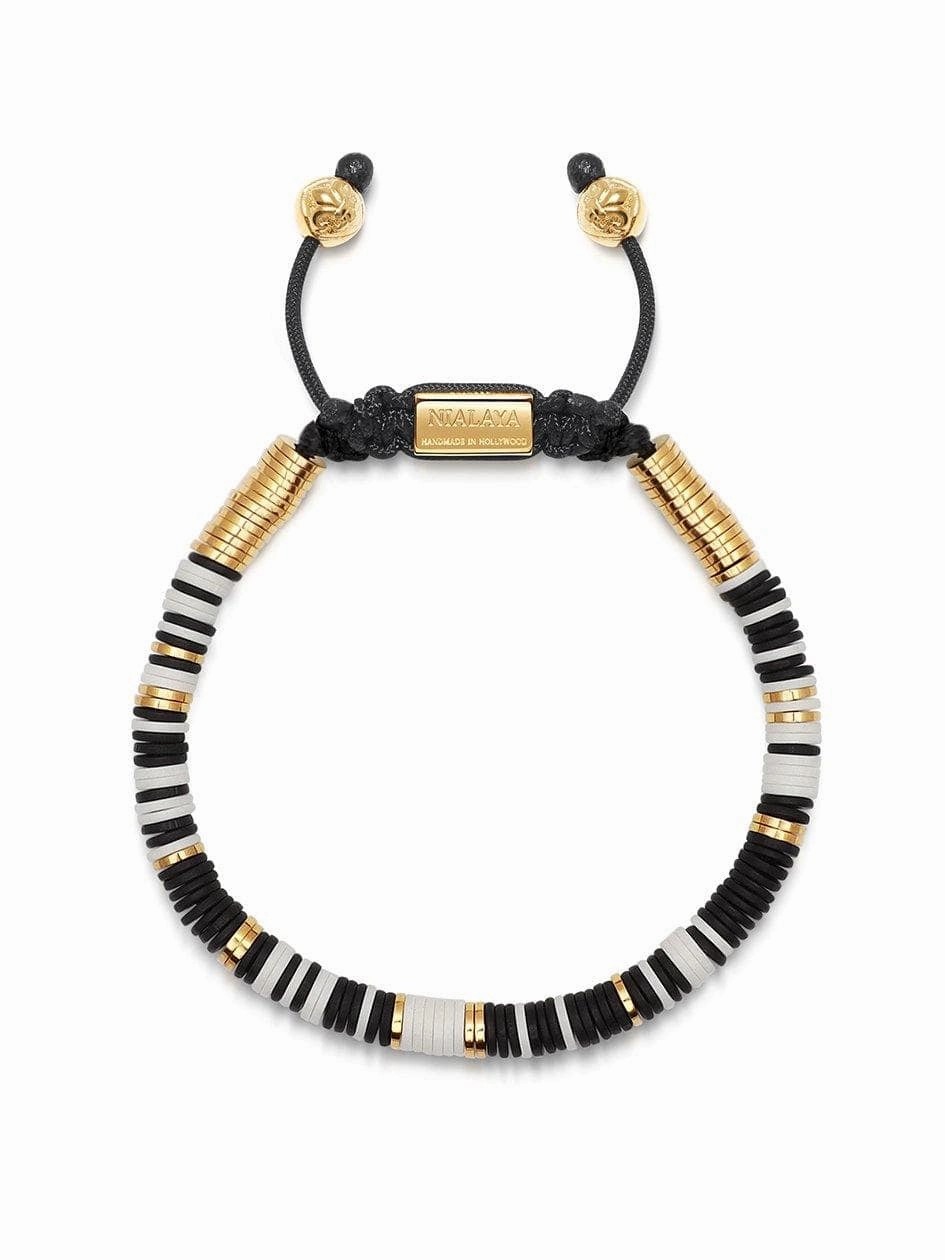 Men's Beaded Bracelet with Black and White Disc Beads and Gold