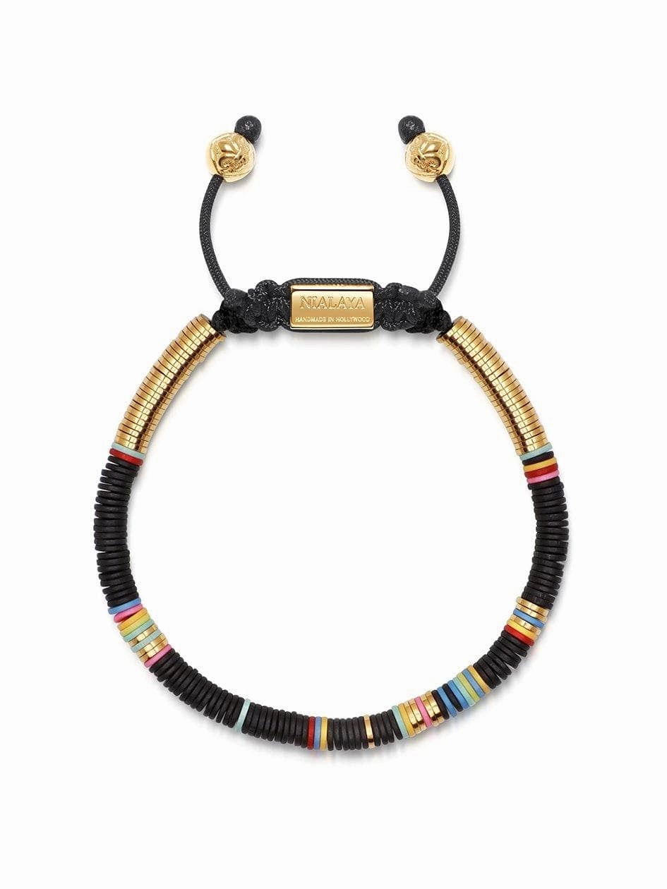 Men's Beaded Bracelet with Black Disc Beads and Gold