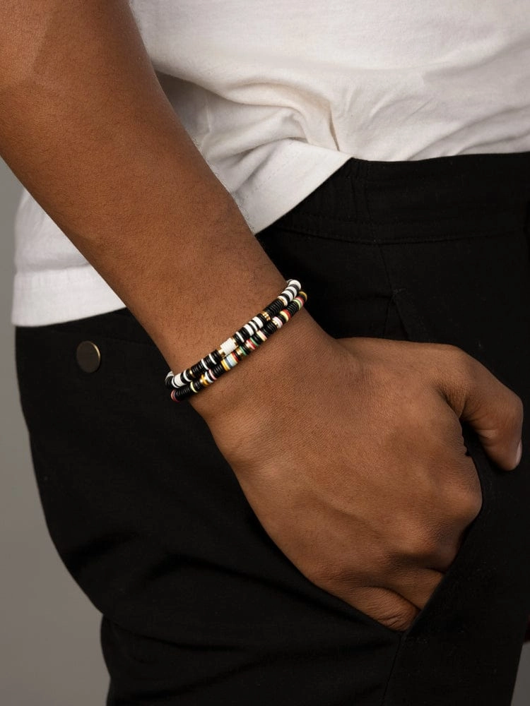 Men's Beaded Bracelet with Black Disc Beads and Gold