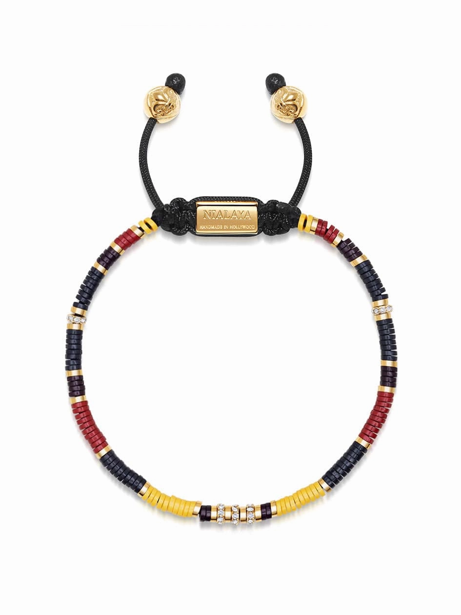 Men's Beaded Bracelet with Black, Yellow and Red Mini Disc Beads