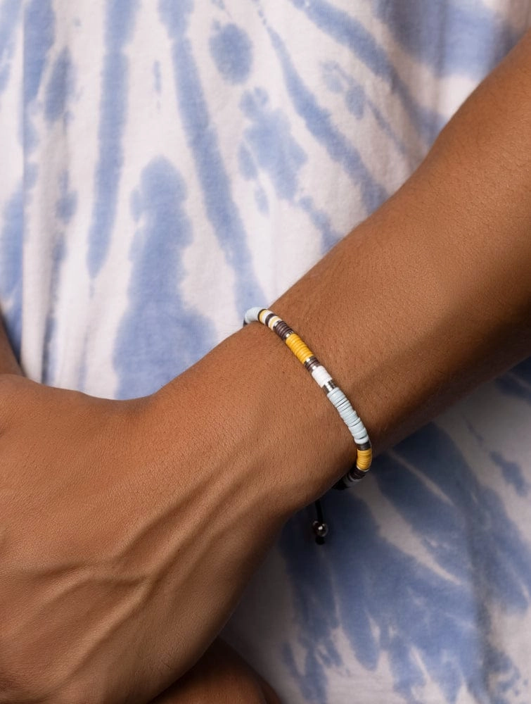 Men's Beaded Bracelet with Blue, Brown, Orange, White, and Silver Disc Beads