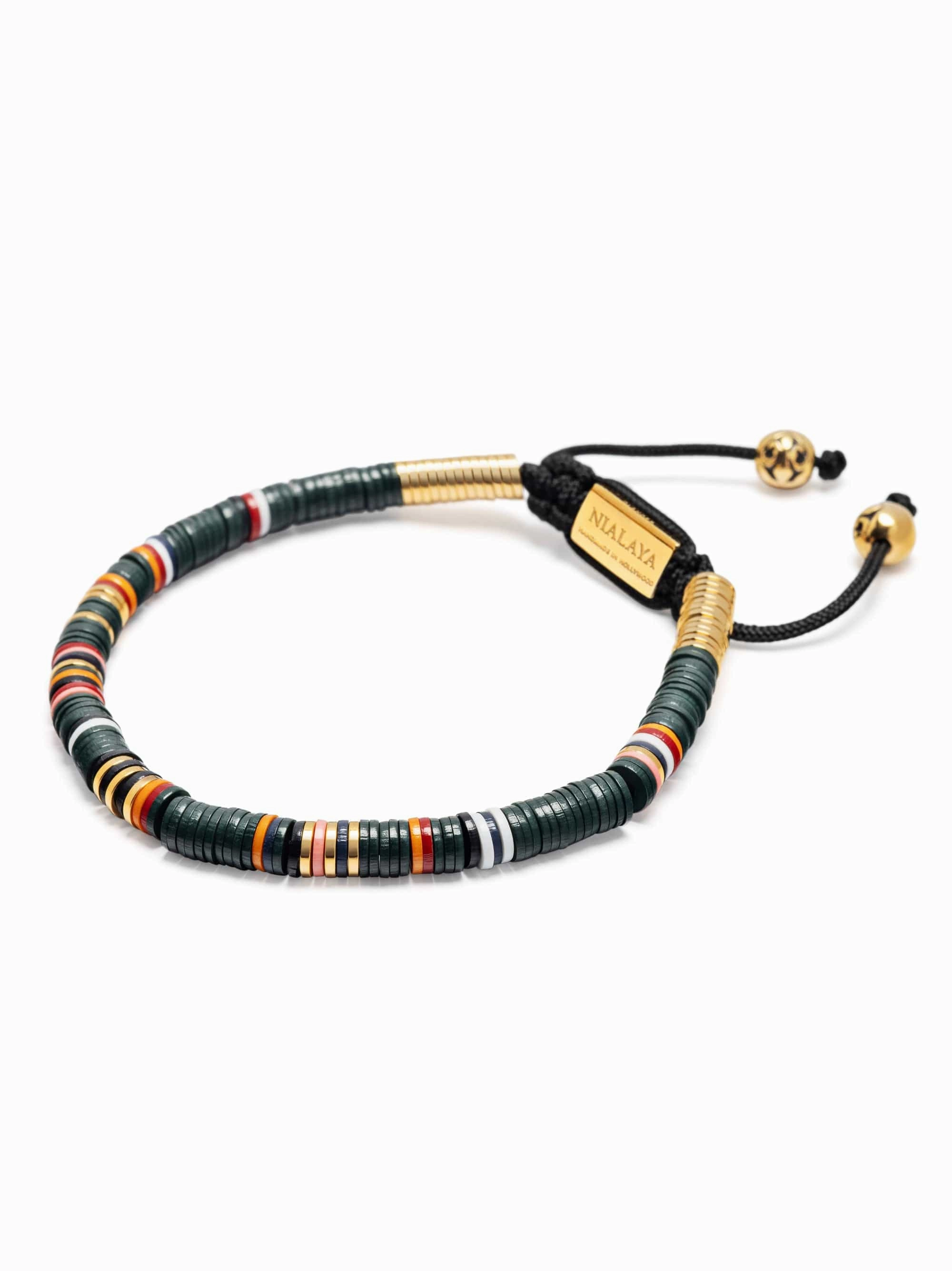 Men's Beaded Bracelet with Dark Green and Gold Disc Beads