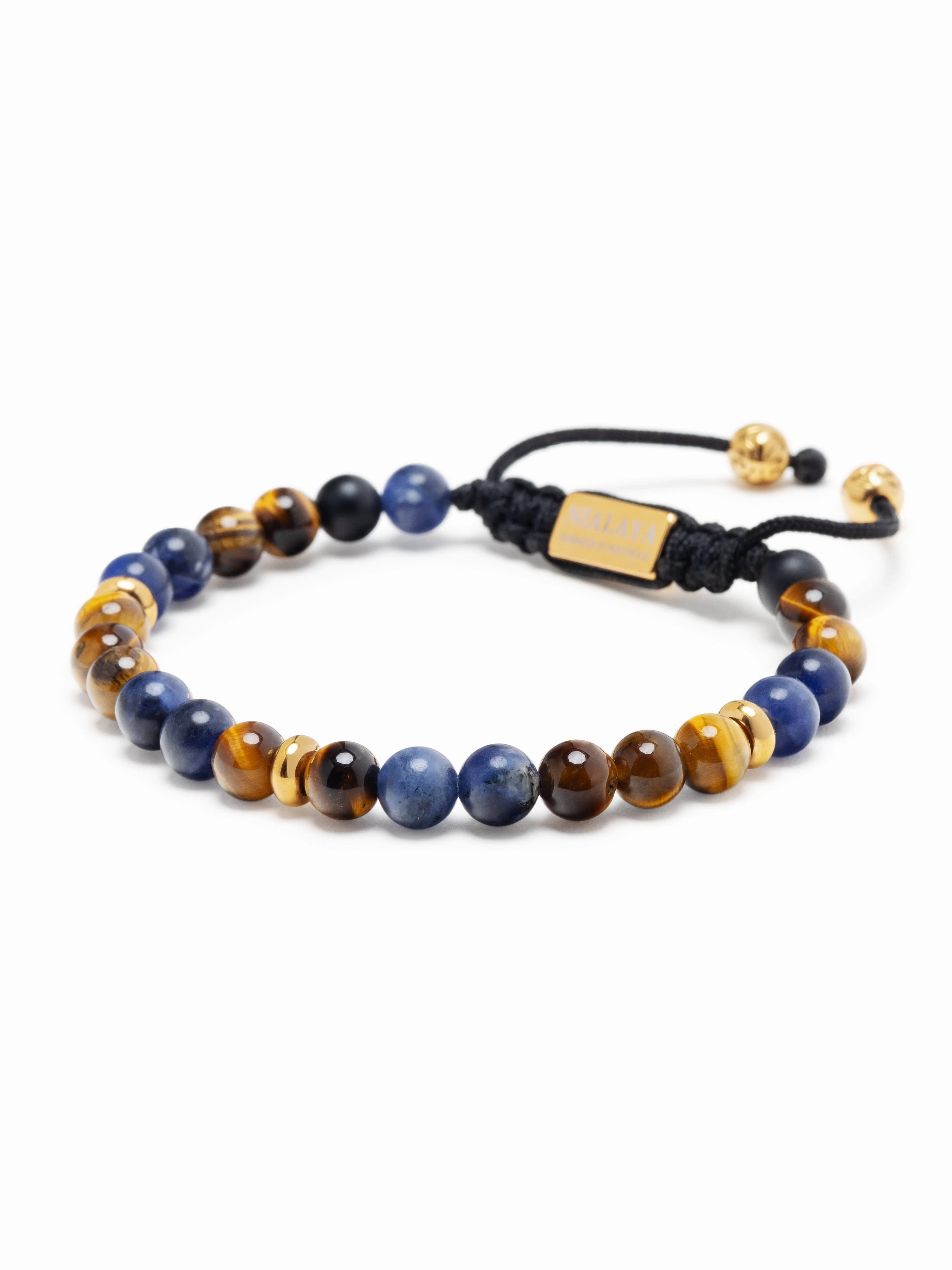 Men's Beaded Bracelet with Dumortierite, Brown Tiger Eye and Gold