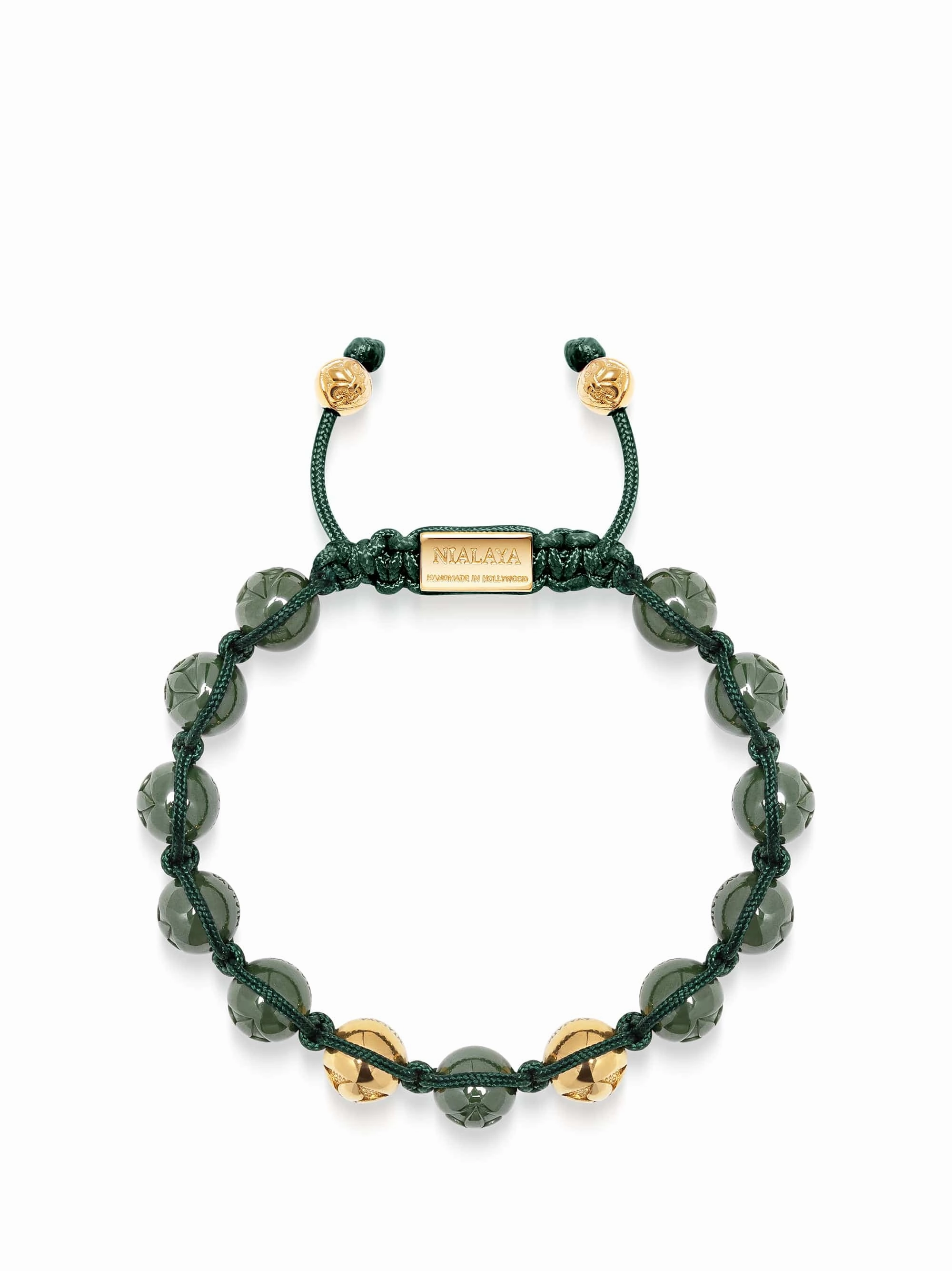 Men's Beaded Bracelet with Glossy Green Ceramic & Gold Beads
