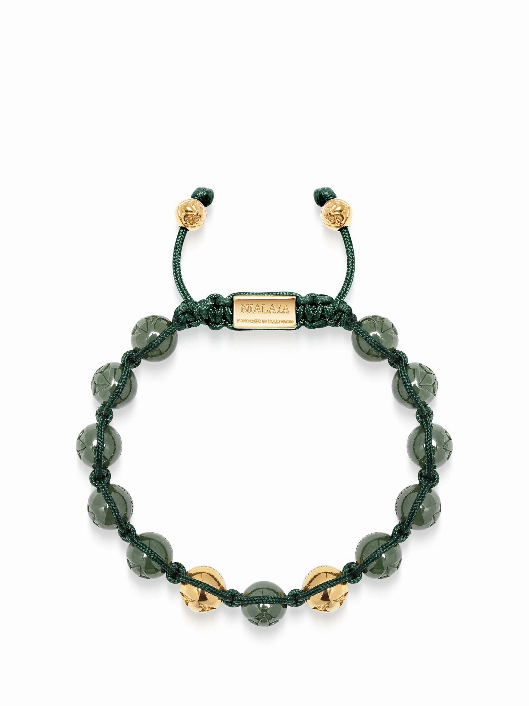 Men's Beaded Bracelet with Glossy Green Ceramic & Gold Beads