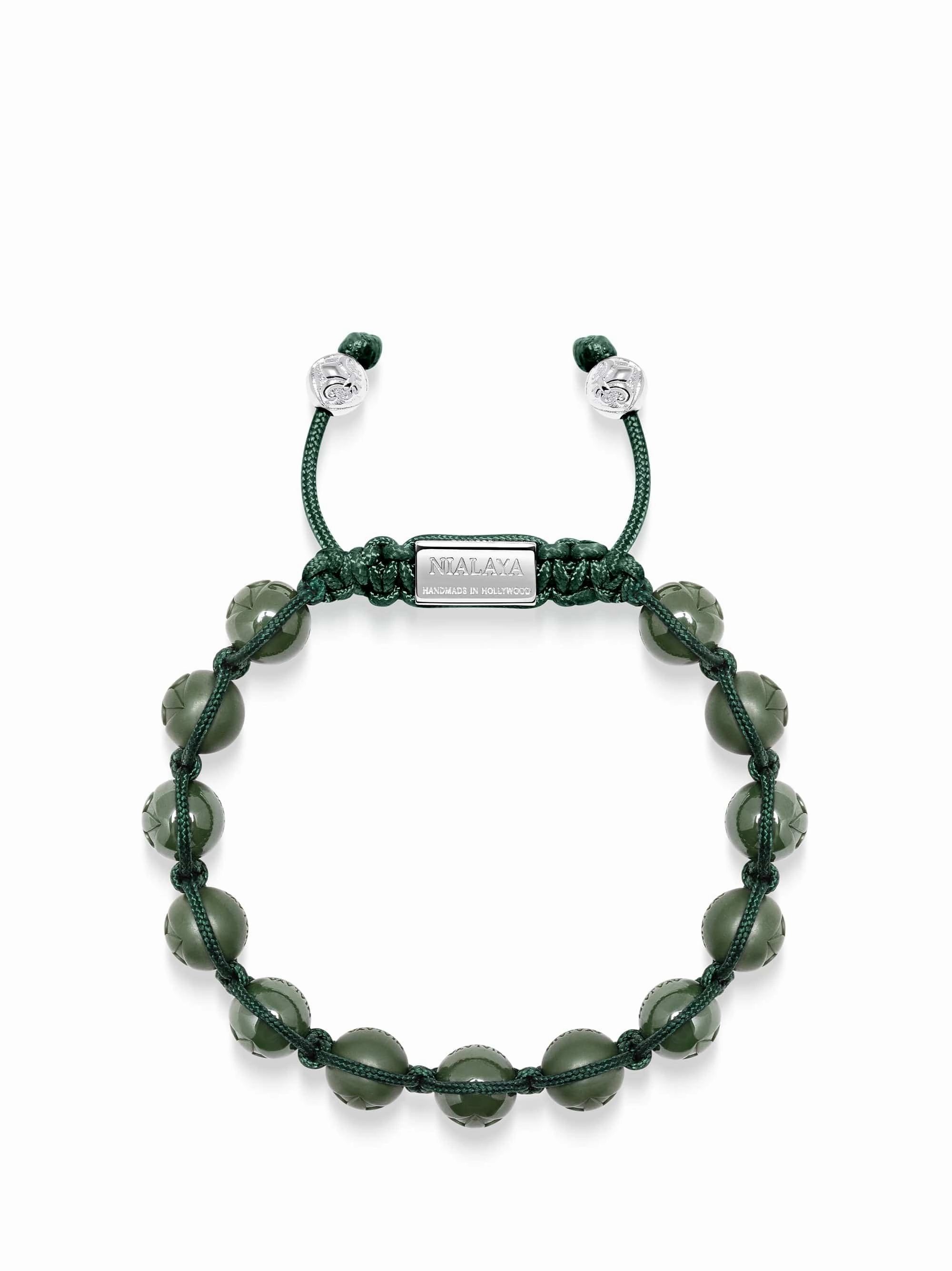 Men's Beaded Bracelet with Glossy Green, Matte Green Ceramic & Silver