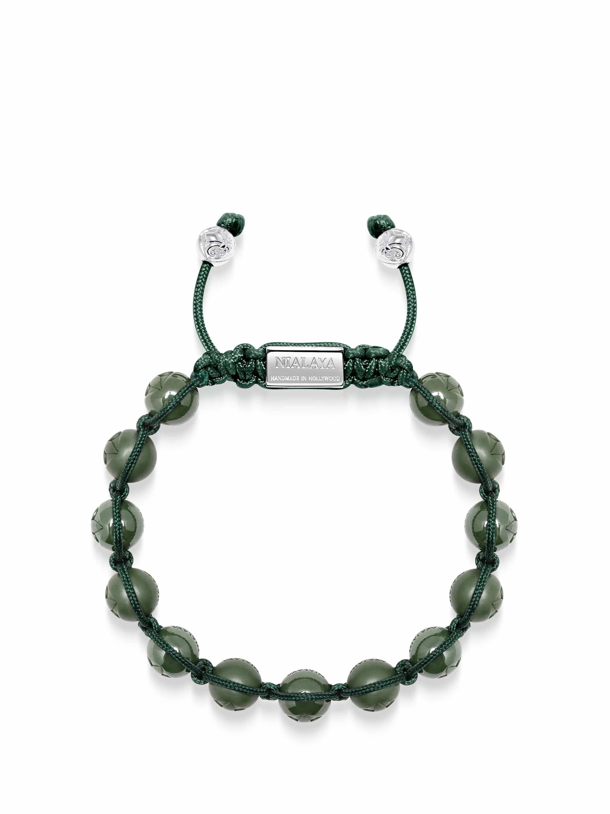 Men's Beaded Bracelet with Glossy Green, Matte Green Ceramic & Silver