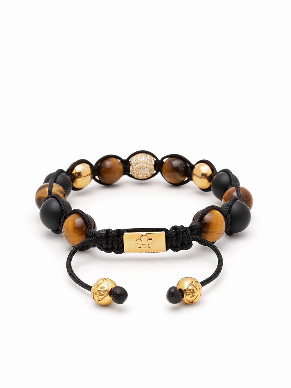 Men's Beaded Bracelet with Gold, CZ Diamond, Matte Onyx, and Brown Tiger Eye