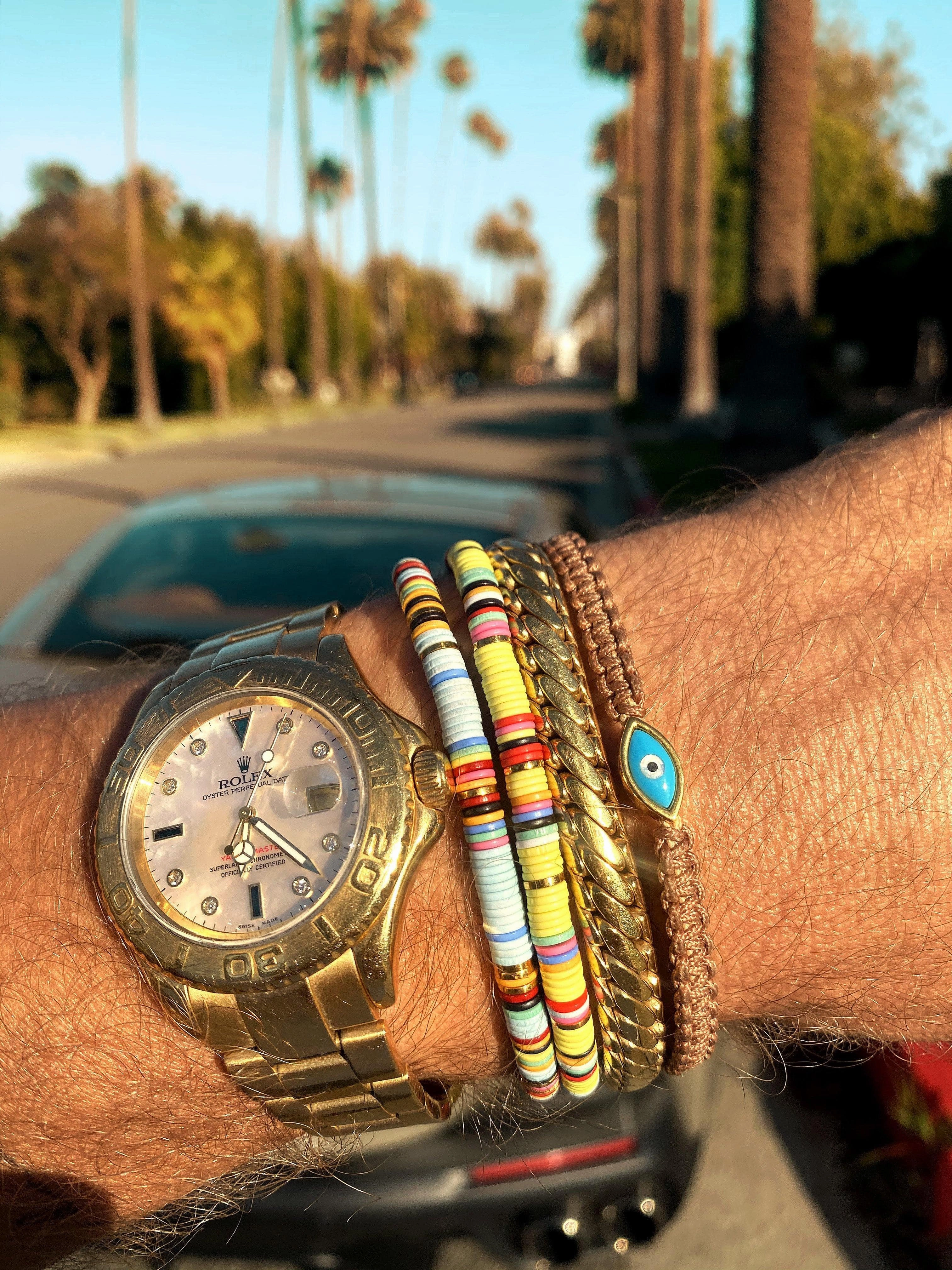 Men's Beaded Bracelet with Lemon Yellow Disc Beads and Gold