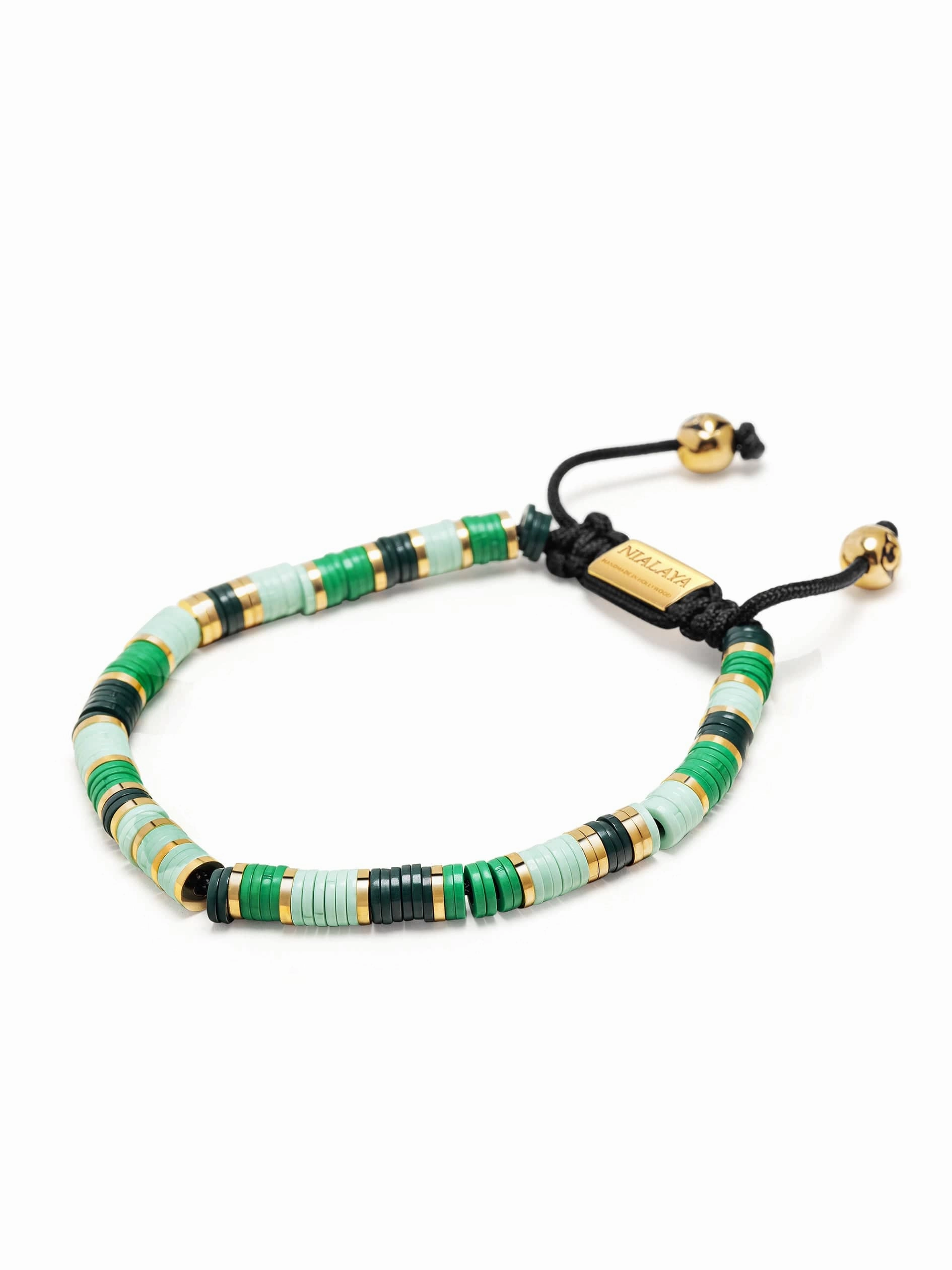 Men's Beaded Bracelet with Light Green and Gold Disc Beads