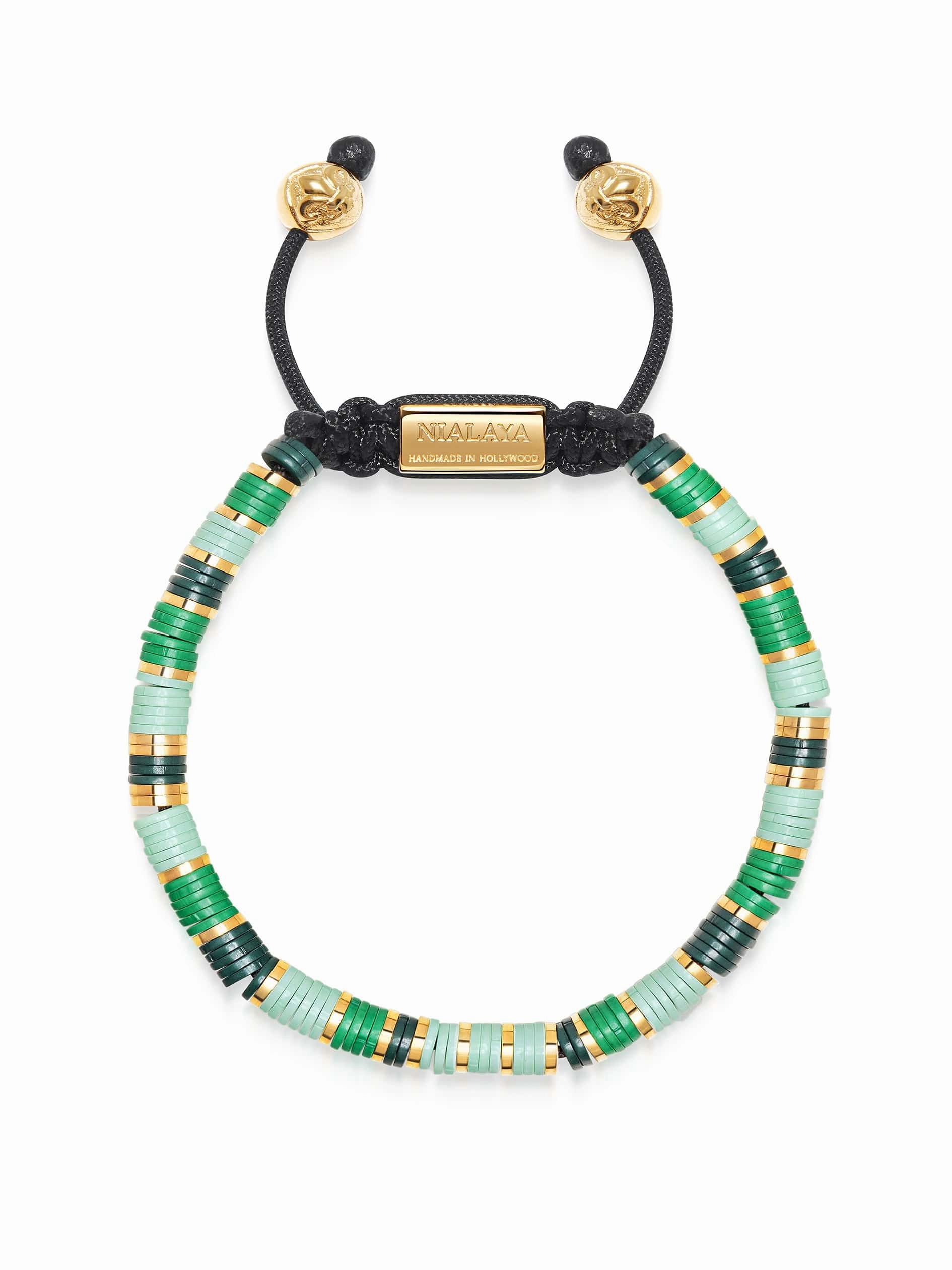 Men's Beaded Bracelet with Light Green and Gold Disc Beads