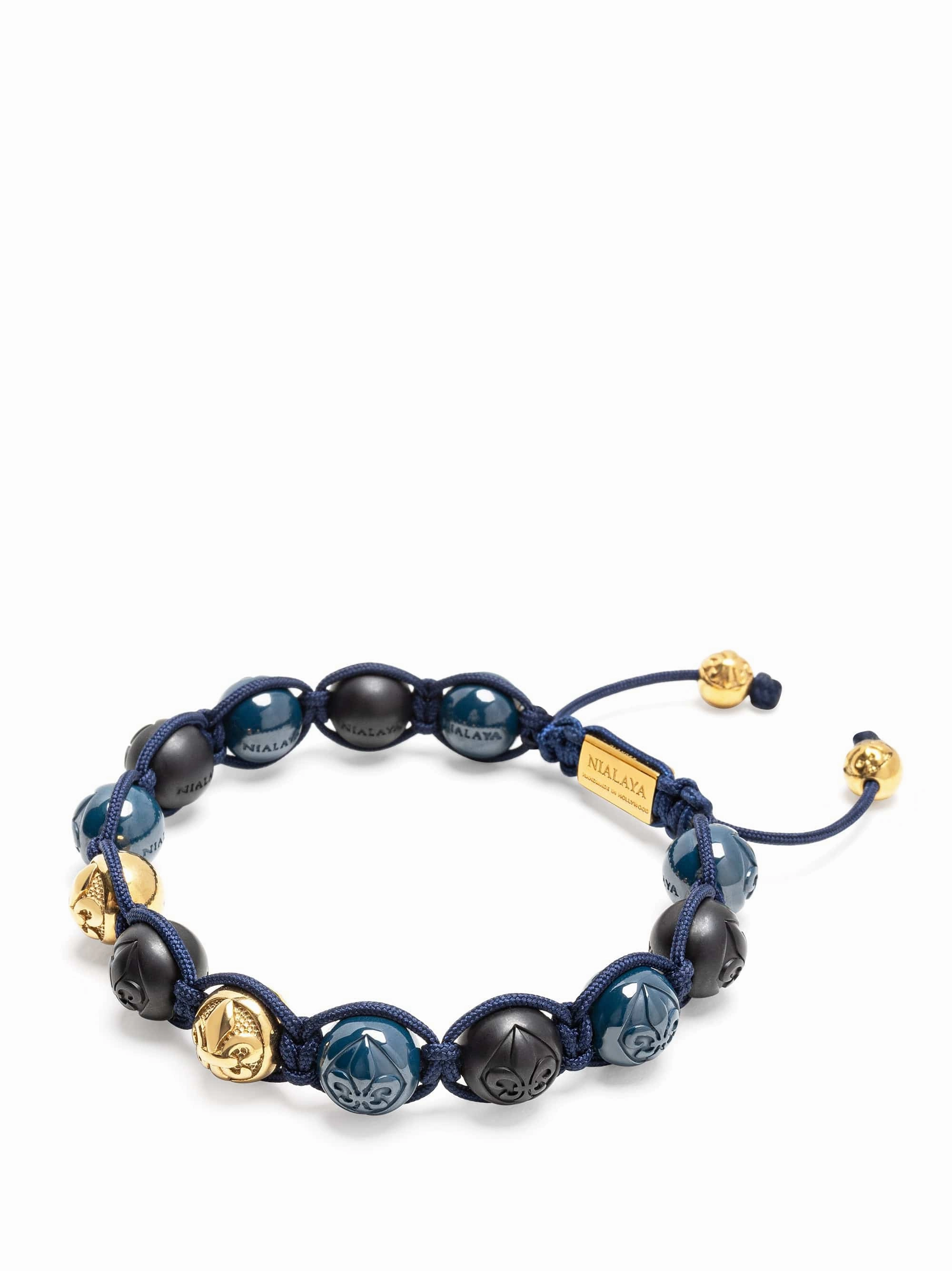 Men's Beaded Bracelet with Matte Black, Glossy Blue Ceramic & Gold Beads