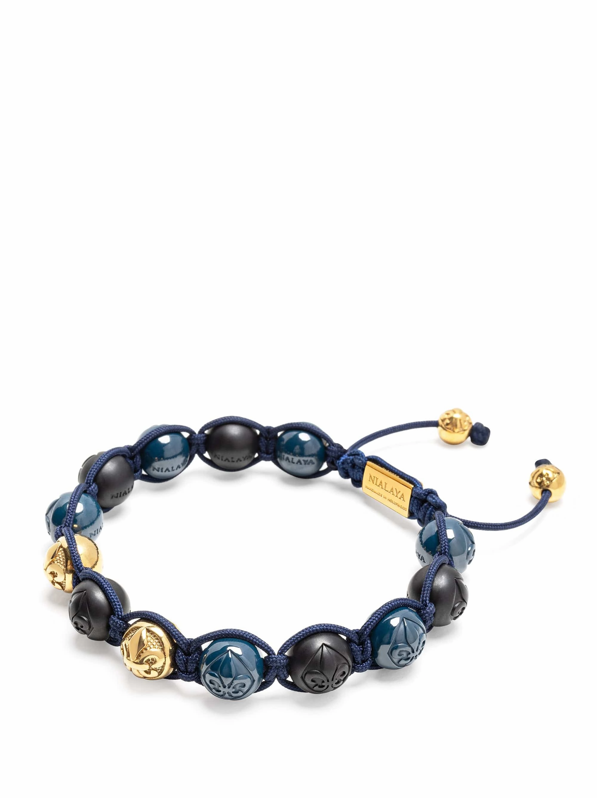 Men's Beaded Bracelet with Matte Black, Glossy Blue Ceramic & Gold Beads