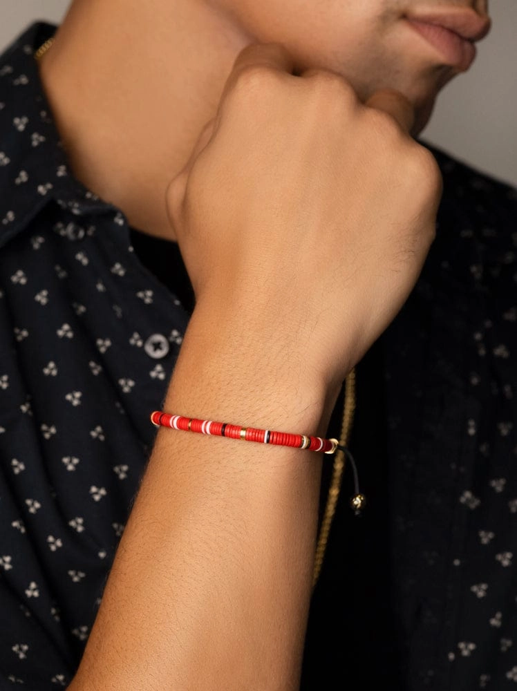 Men's Beaded Bracelet with Red, White and Gold Disc Beads