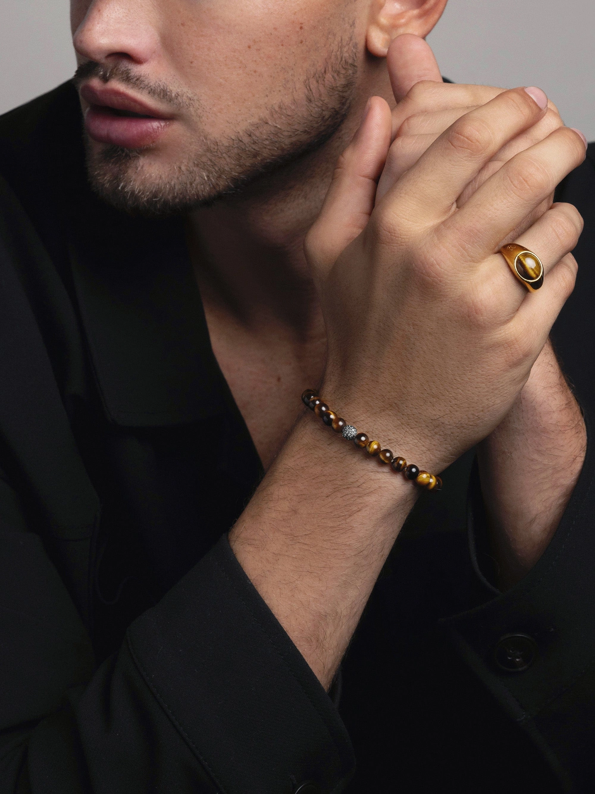 Men's Black Diamond Wristband with Brown Tiger Eye