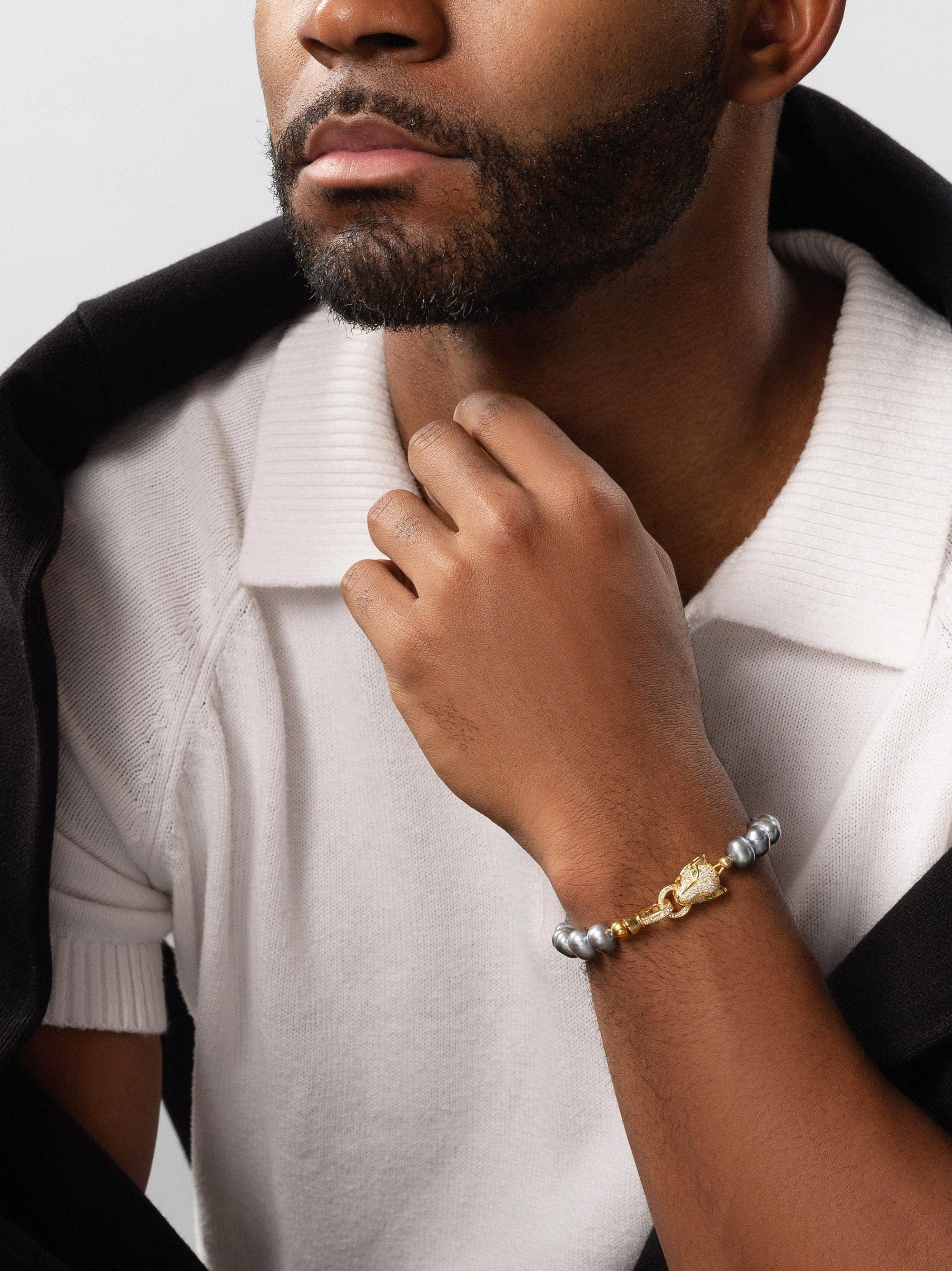 Men's Black Pearl Bracelet with Gold Panther